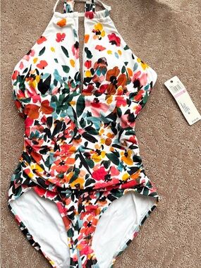 NWT Anne Cole White Floral One-Piece Swimsuit with Multicolor Print
